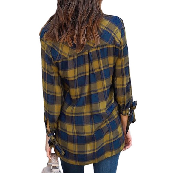 💥 SALE Surplice Tie Sleeve Deep V Plaid Blouse - Picture 3 of 4